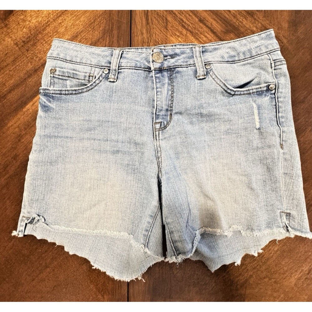 Seven7 Women Mid Rise Weekend Blue Denim Shorts Size 4 Raw Hem